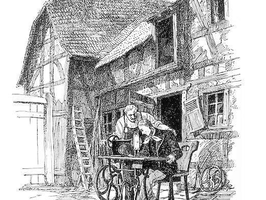 Ein Mann und eine Frau vor einem ehemaligen Kuhstall: Adam Opels erste Nähmaschine (1862)
