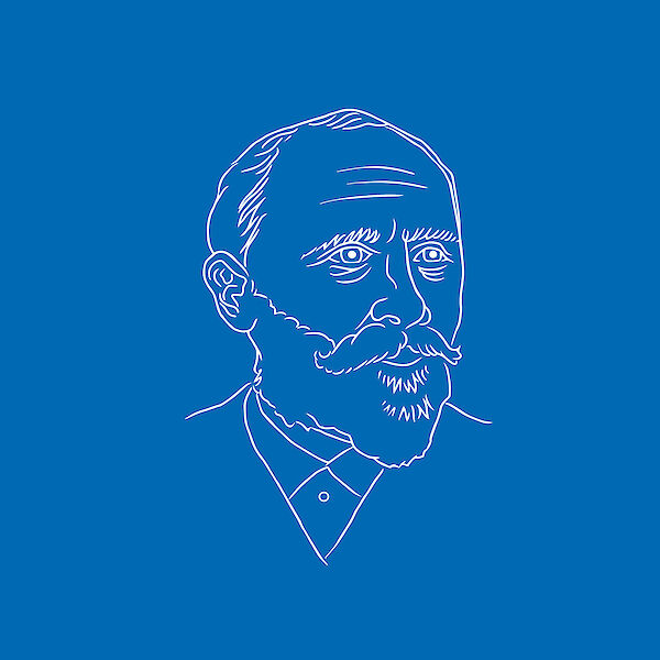 Illustration mit dem Kopf von Adam Opel auf blauem Hintergrund
