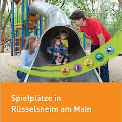 Titelblatt der Broschüre über die Spielplätze in Rüsselsheim. Eine Familie mit ihren Kindern auf der Rutschbahn.