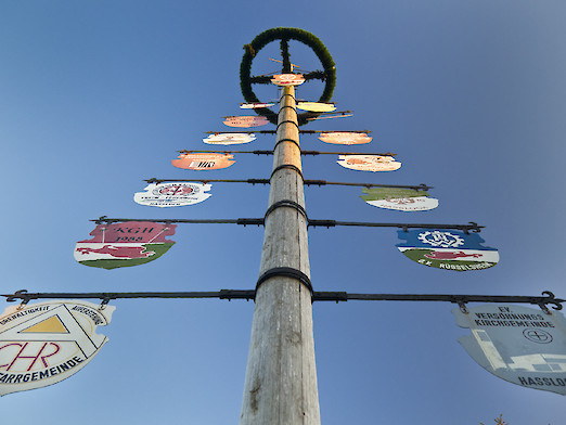 Vereinsbaum in Haßloch an dessen schmiedeeisernen Armen die Wappen aller örtlichen Vereine hängen