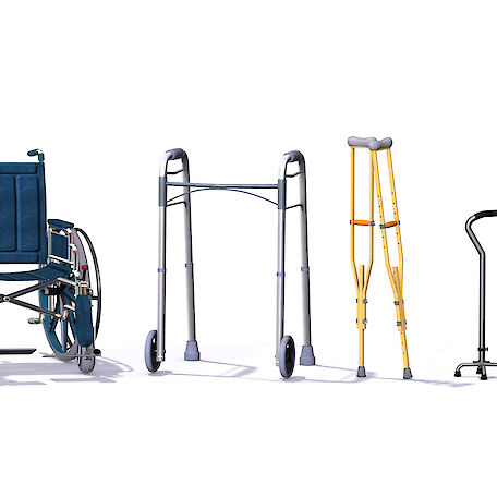 Rollstuhl, Gehhilfe und Krücken