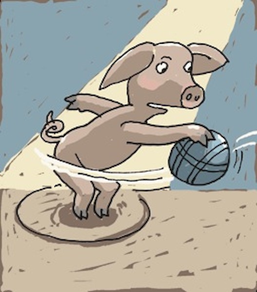 Foto:  Ein Schwein wirft eien Boulekugel - Illustration von Bengt Fosshag