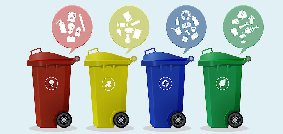 4 Mülltonnen in unterschiedlichen Farben