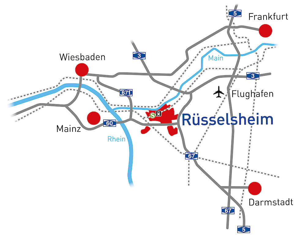 Eine Karte vom Autobahn-Netz Rüsselsheim Rhein-Main-Gebiet.