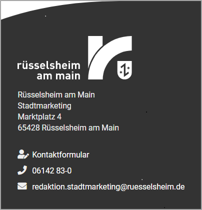 Auf dem Bild sieht man ein Text-Feld, auf dem die Kontakt-Daten der Stadt Rüsselsheim am Main stehen.