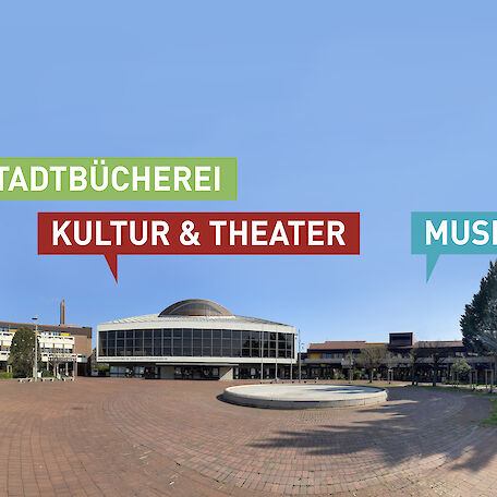 Gelände von Kultur123 Stadt Rüsselsheim mit Theater, Stadtbücherei, VHS und Musikschule.