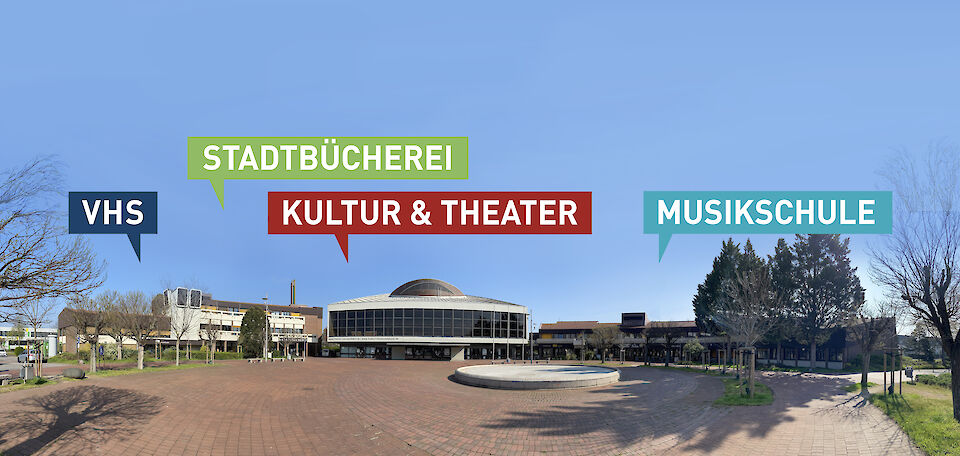 Gelände von Kultur123 Stadt Rüsselsheim mit Theater, Stadtbücherei, VHS und Musikschule.