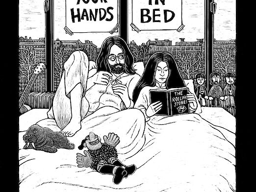 Schwarz-weiß Zeichnung: Eine Frau und ein Mann liegen im Bett.