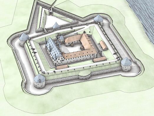 Rekonstruktionszeichnung der letzten Ausbauphase der Festung mit Ravelin und Halbmond vor der Sprengung im Jahr 1689.
