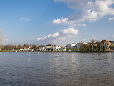 Blick vom Main auf Rüsselsheim