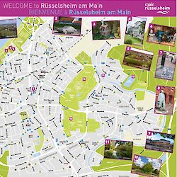 Ausschnitt aus dem Stadtplan von Rüsselsheim mit Fotos der Sehenswürdigkeiten.