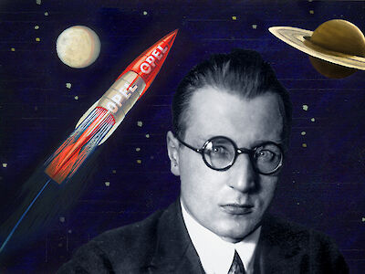 Das Foto zeigt ein Porträt von Fritz von Opel, im Hintergrund eine Rakete.