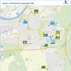 Stadtplan mit den Neubau- und Modernisierungsprojekten der gewobau Rüsselsheim